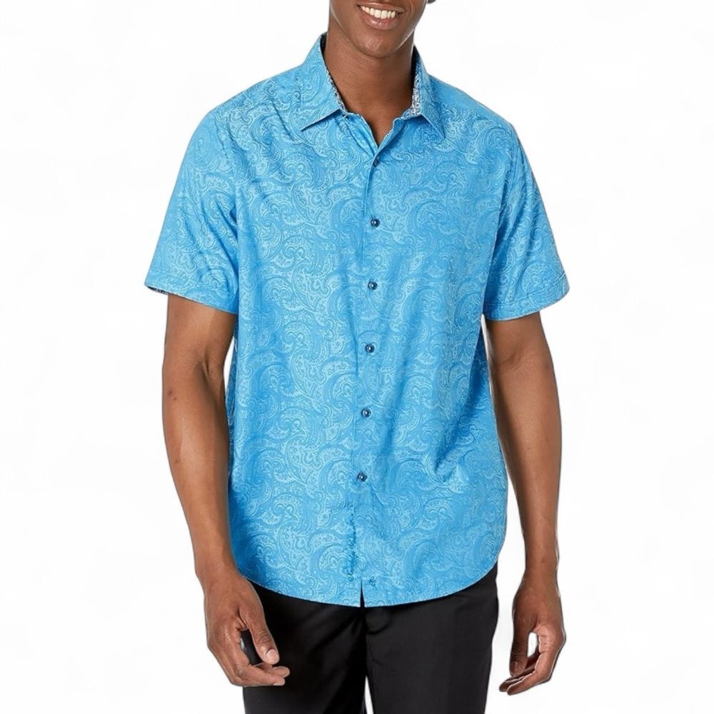 Robert Graham Button Up Shirt Blue Paisley Short Sleeve 2XL Casual Resortwear